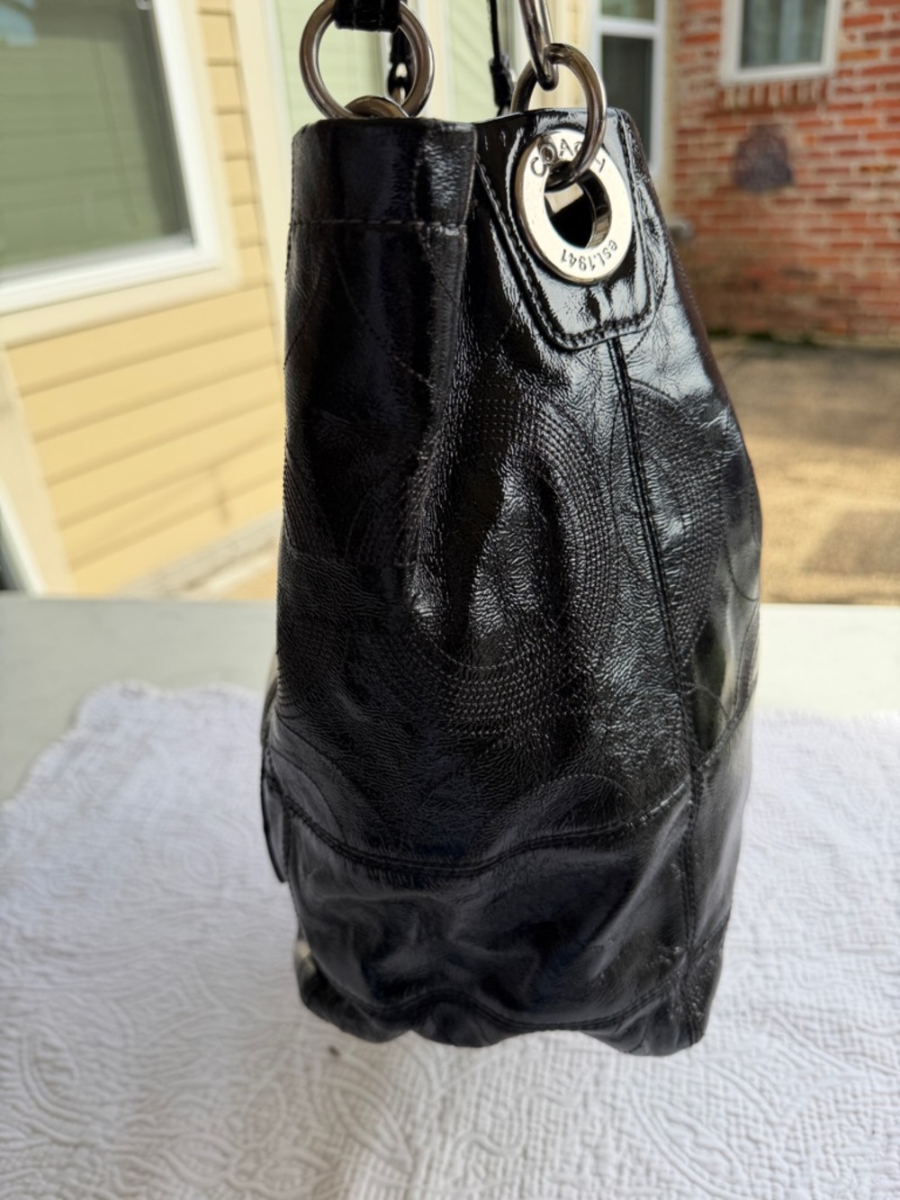 Coach Black Patent Leather Tote with Signature Medallion - Picture 4 of 14